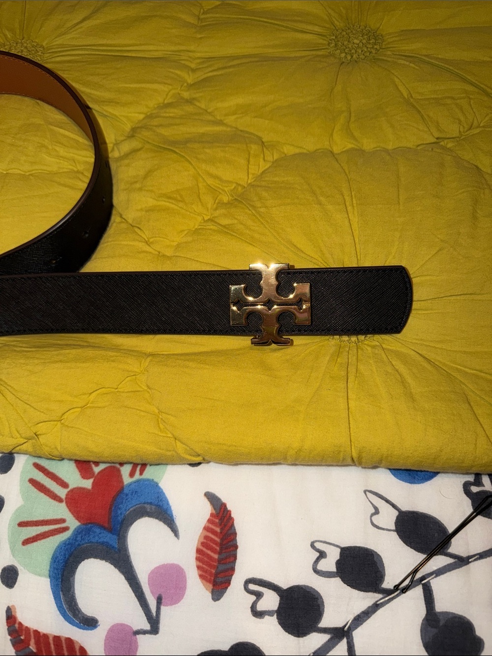 Tory Burch Black Leather Belt with Gold Logo Buckle